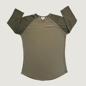 LuLaRoe Randy Baseball Tee Olive Green Ribbed Raglan Striped Sleeve Medium 1414